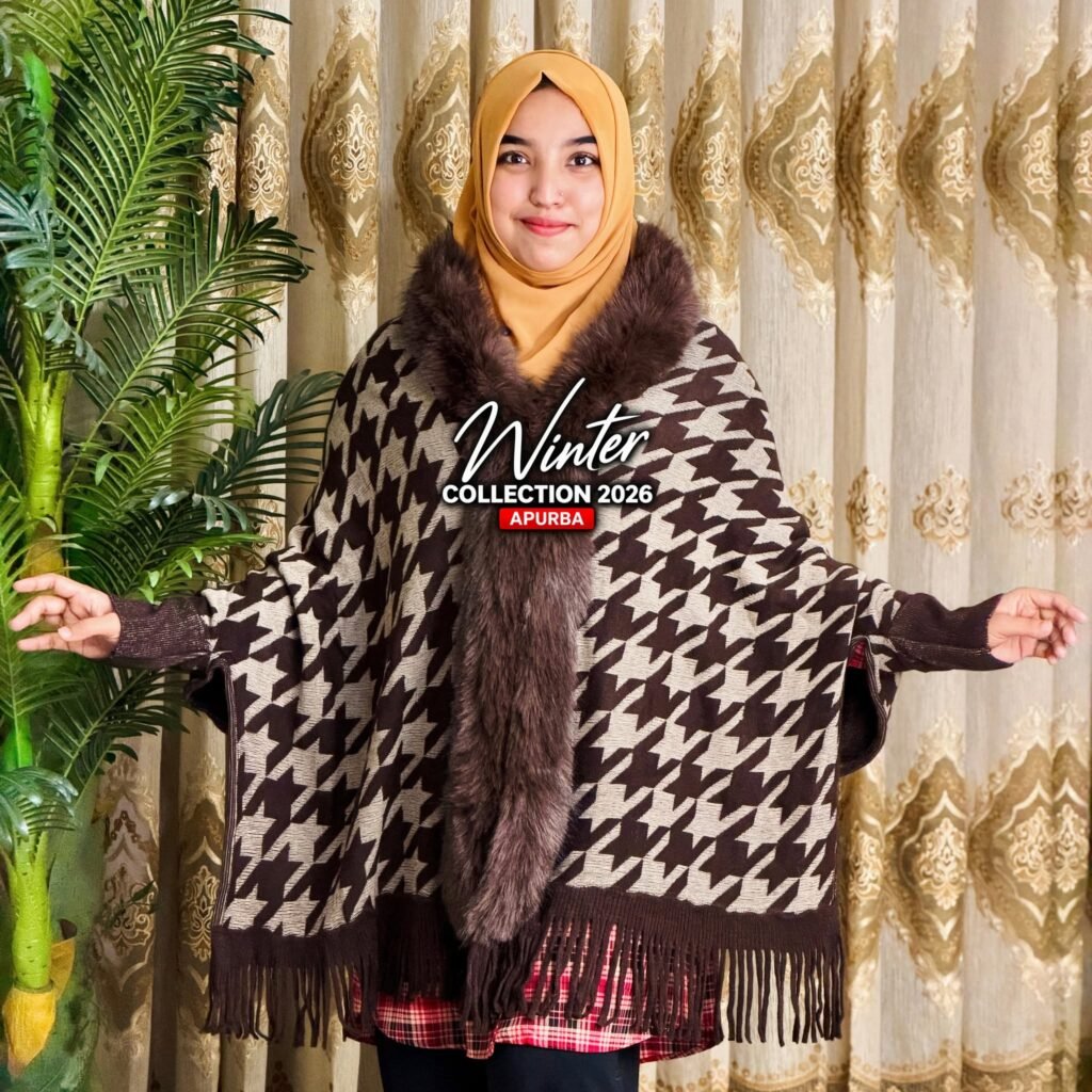 Houndstooth Design Furry Poncho – Coffee