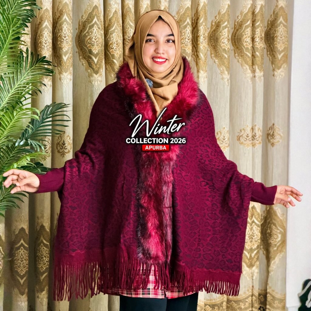 Tiger Print Furry Poncho – Maroon