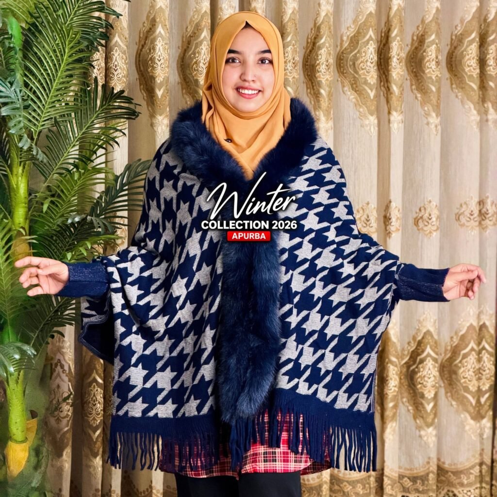Houndstooth Design Furry Poncho – Navy Blue