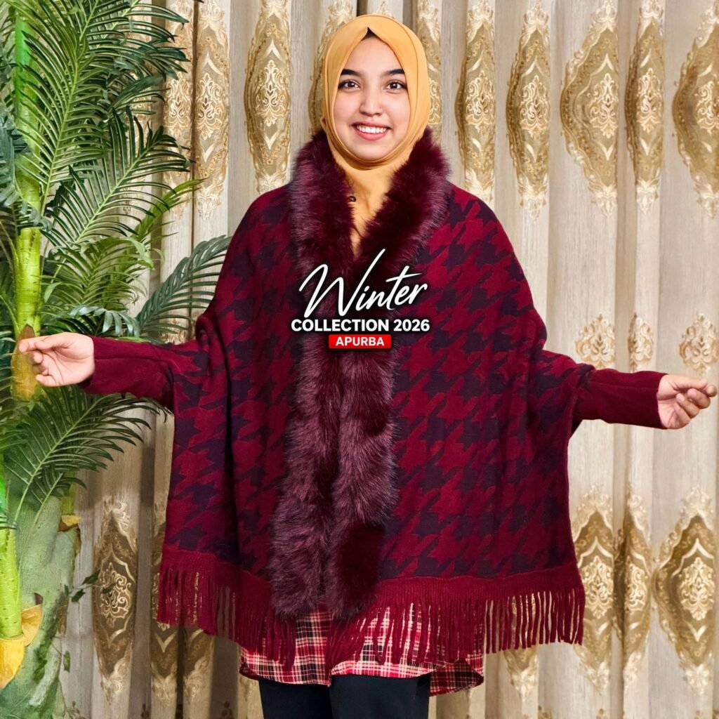 Houndstooth Design Furry Poncho – Maroon